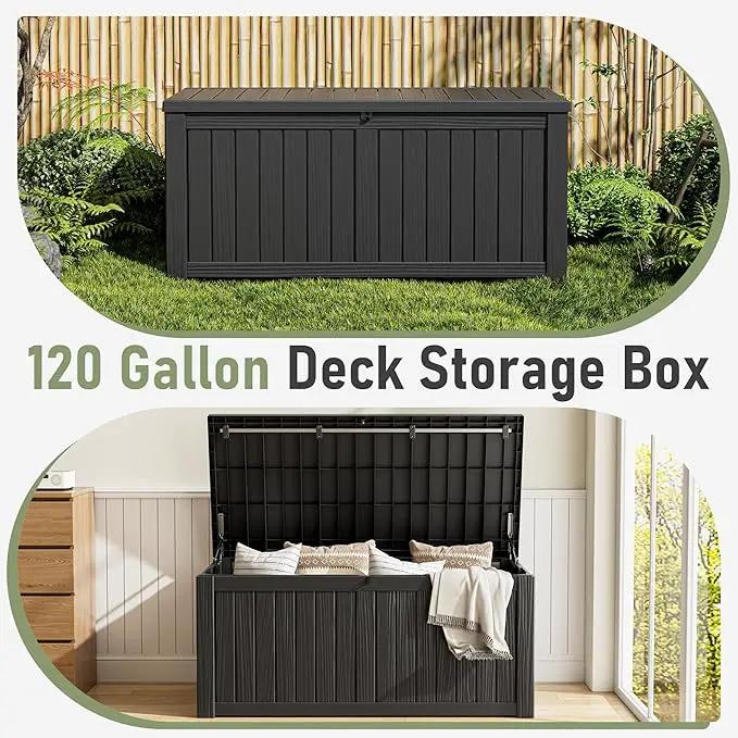 KAMABOKO Outdoor Storage Box, 120 Gallon Large Outdoor Resin Deck Box, Storage Waterproof Boxes Lockable Lid for Garden Tools, Pool Supplies, Patio Furniture and Cushions, Black by GreenHaven Gardens