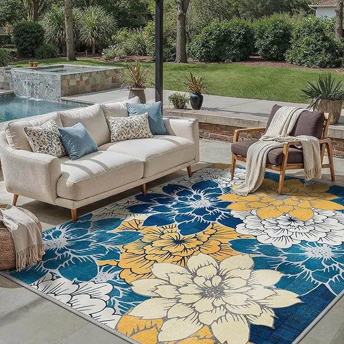 GENIMO Indoor Outdoor Area Rug 8' X 10' Waterproof, Washable Patio Rug Non Shedding, Easy Cleaning Floral Outdoor Carpet for Living Room, Bedroom, Dining Room, Balcony, Backyard, Deck, RV, Blue by GreenHaven Gardens