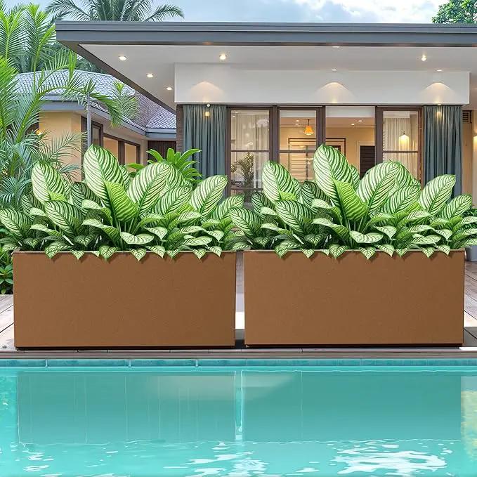 FENCY Large Metal Planter, Large Rectangular Planters for Outdoor Plants, Tall Outdoor Planters for Porch Patio, 38" L x 15" W x 16.3" H Brown Metal Planter with Drainage Hole by GreenHaven Gardens