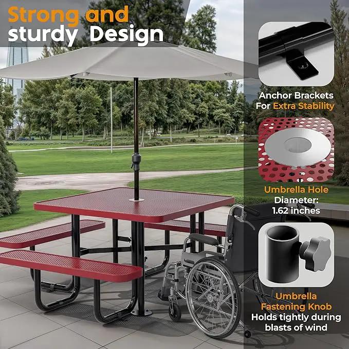 Metal Picnic Tables for Outdoors with Umbrella Hole - Coated Steel Heavy Duty Commercial Grade Table with Adjustable Seats (Red, 46 in, Square, Punched Steel) by GreenHaven Gardens
