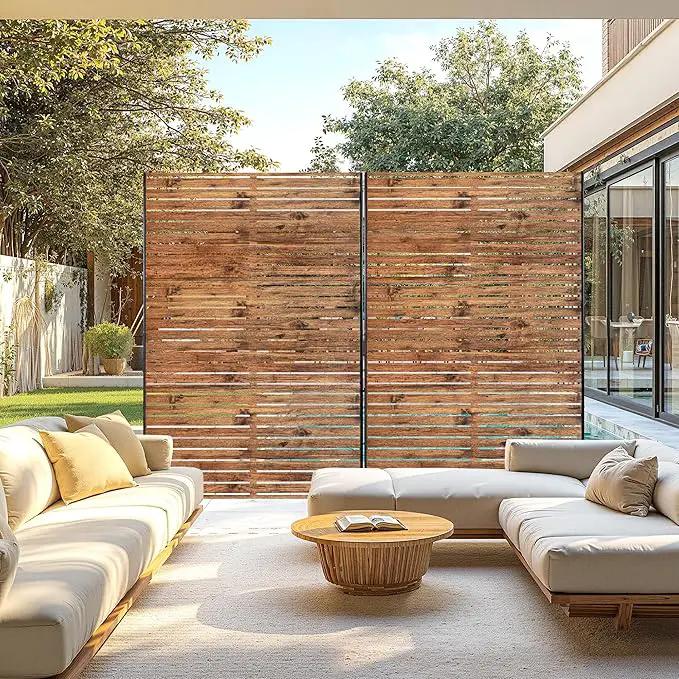 Metal Privacy Screen, 72" H×47" W Outdoor Privacy Screen, Freestanding Decorative Privacy Screen for Deck Balcony Patio, Natural Wood Brown by GreenHaven Gardens