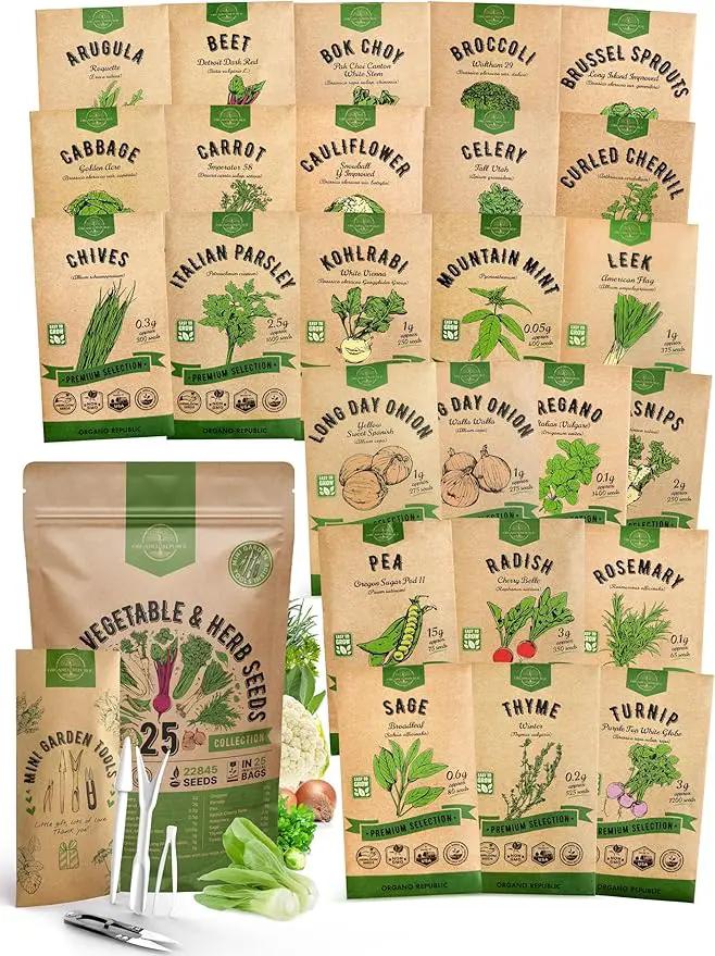 Organo Republic 25 Winter Vegetable & Herb Garden Seeds Variety Pack for Outdoors & Indoor Home Gardening 5000+ Non-GMO Heirloom Seeds Broccoli Beet Carrot Cabbage Radish Pea Mint Thyme Parsley by GreenHaven Gardens