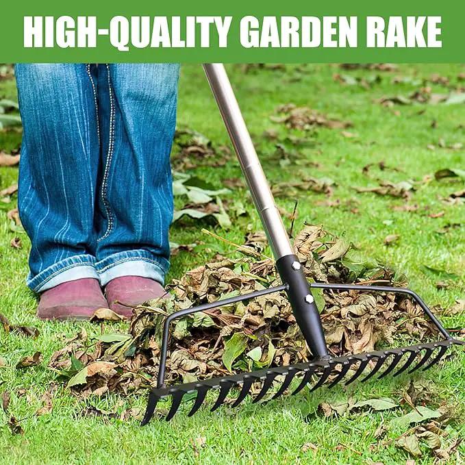 Garden Rake, Metal Sturdy and Heavy Duty Metal Rake, 16-Tine Bow Rake with Adjustable Stainless Steel Handle, Long Shaft for Loosening Soil, Leveling Mulch, Gathering Leaves by GreenHaven Gardens