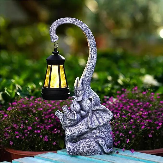 Elephant Outdoor Statues with Cute Baby Garden Decor, Resin Elephant Figurines with Solar Lantern Outdoor Decoration Gifts for Mothers Day, Birthday Day by GreenHaven Gardens