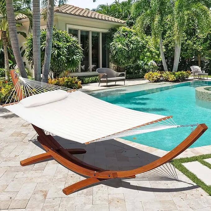 Lazy Daze 12 FT Sunbrella Quilted Double Hammock with Hardwood Spreader Bar, 450 lbs Capacity, Cream by GreenHaven Gardens