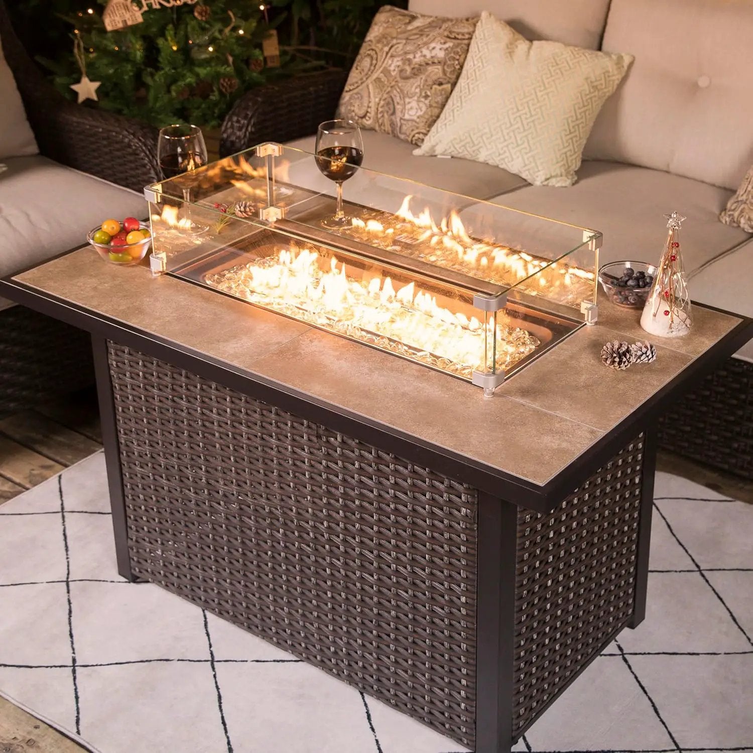 Nuu Garden Propane Fire Pit Table, CSA Certified 43 Inch 50,000 BTU Outdoor Propane Gas Fire Pit Table, Propnae Fire Pit with Ceramic Tabletop, Oxford Cover, 7 lbs Glass Stone, Dark Brown and Coffee by GreenHaven Gardens