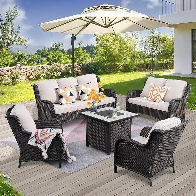 ovios 5 Pieces Patio Furniture Set with 30" Fire Pit Table, Outdoor Wicker Sofa with Loveseat, Comfy Cushions, High Back Couch Conversation Set, Brown Rattan, Beige by GreenHaven Gardens