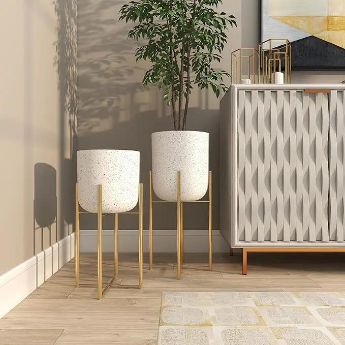 Deco 79 Metal Indoor Outdoor Planter Deep Dome Speckled Large Planter Pot with Gold Stands, Set of 2 Planters 22", 19"H, White by GreenHaven Gardens