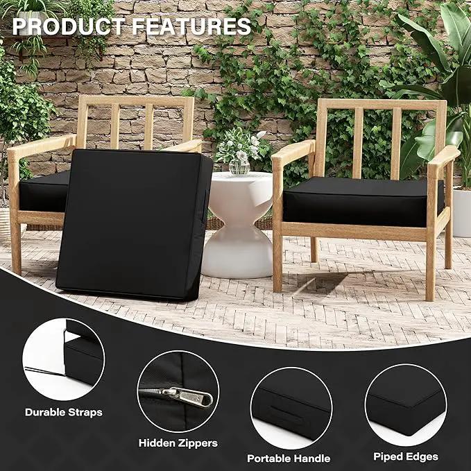 Patio Chair Cushions 24 X 24 X 5 Inch Waterproof Outdoor Seat Cushions for Patio Furniture, Outdoor Sofa Couch Pads with Ties & Handle, Set of 2, Black by GreenHaven Gardens