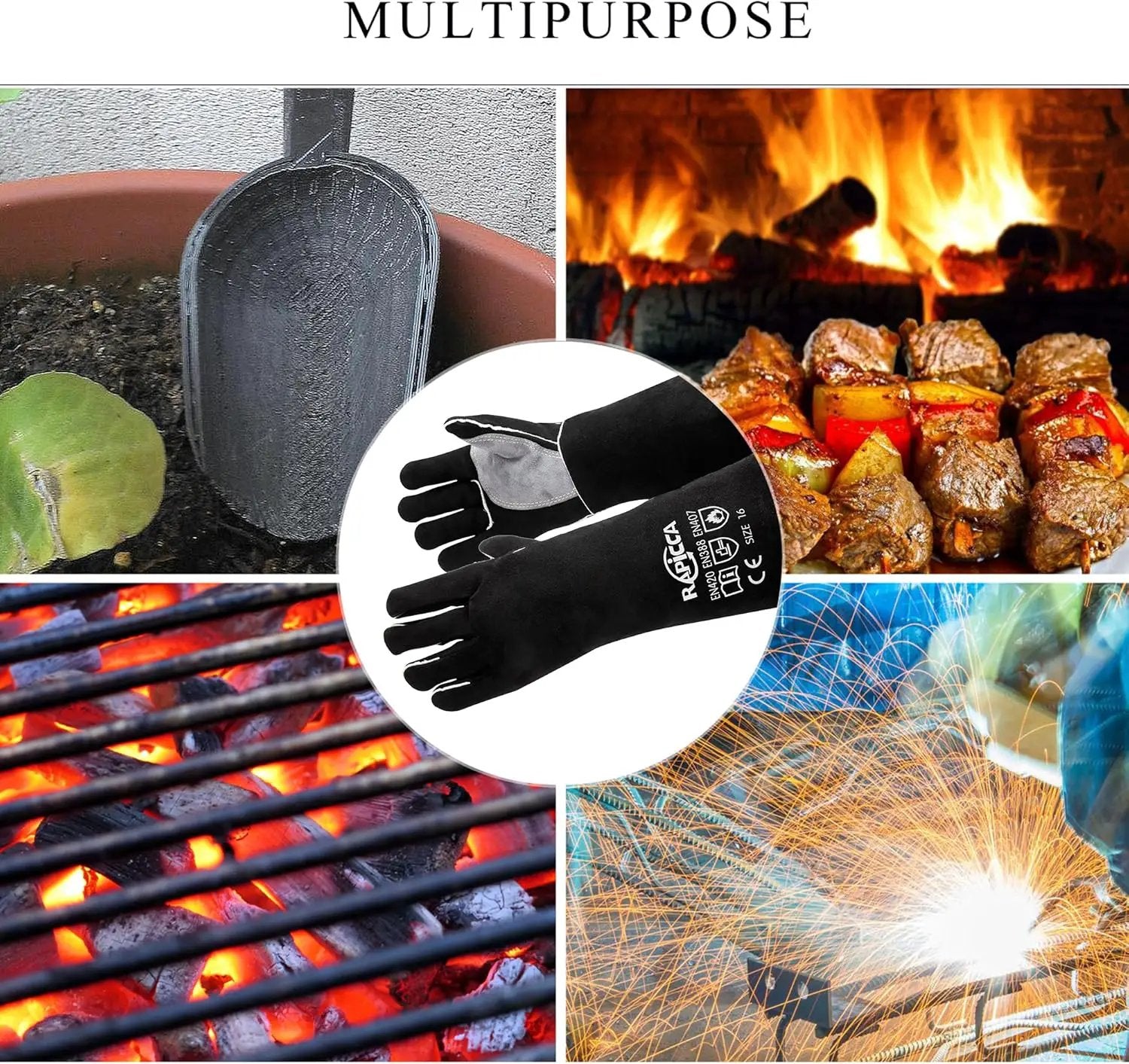 RAPICCA Fireplace Gloves Fire Heat Resistant: Black 14IN - Fireproof Leather for Fireplace Fire Pit Wood Stove Campfire Furnace BBQ Grill Oven Stick Mig Welding Welder Gear - Birthday Gift for men by GreenHaven Gardens