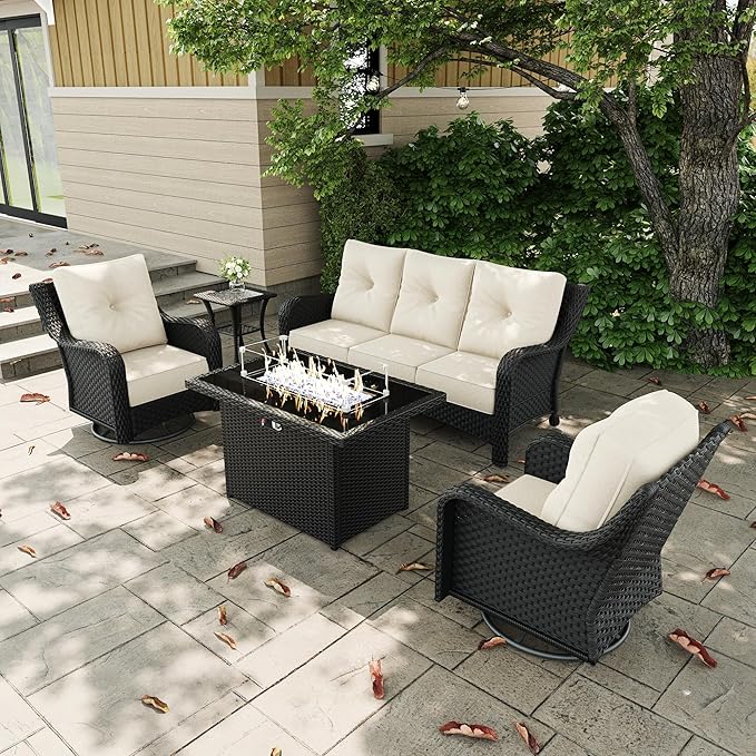 5 Pieces Outdoor Patio Furniture Sets with Rocking Swivel Chairs with 6-inch Thick Cushion and Fire Pit Table for Deck Lawn by GreenHaven Gardens