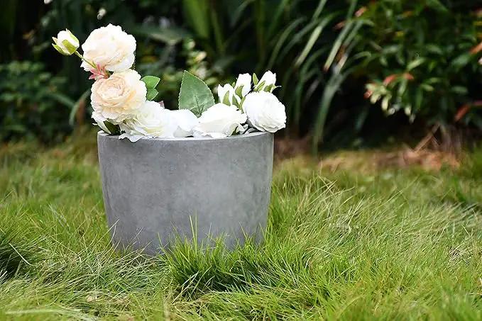 Kante 14 Inch Dia Round Concrete Planter, Indoor Outdoor Large Plant Pot with Drainage Hole and Rubber Plug for Home Patio Garden, Natural Concrete by GreenHaven Gardens