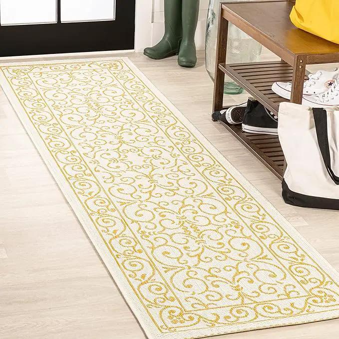 JONATHAN Y SMB106M-210 Charleston Vintage Filigree Textured Weave Indoor Outdoor Runner Rug, Classic,Traditional,Transitional Easy Clean,Bedroom,Kitchen,Backyard,Patio, Non-Shed, Cream/Yellow, 2 X 10 by GreenHaven Gardens