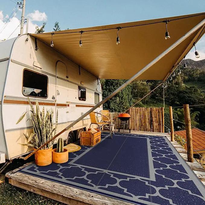 GENIMO 9 ' x 18 ' Outdoor Rug Waterproof for Patio Decor, Foldable Reversible Plastic Straw Area Rugs Mat for Camper, Outside Carpet for Rv, Deck, Porch, Picnic, Beach, Balcony, Blue & Grey by GreenHaven Gardens