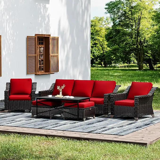 Joyside Wicker Patio Furniture Sets, 6 Pieces Upgraded Large Size Outdoor Furniture with Patio Dining Chairs, 3-Seat Sofa and Outdoor Ottoman, Thick Cushions, Wide Armrest by GreenHaven Gardens