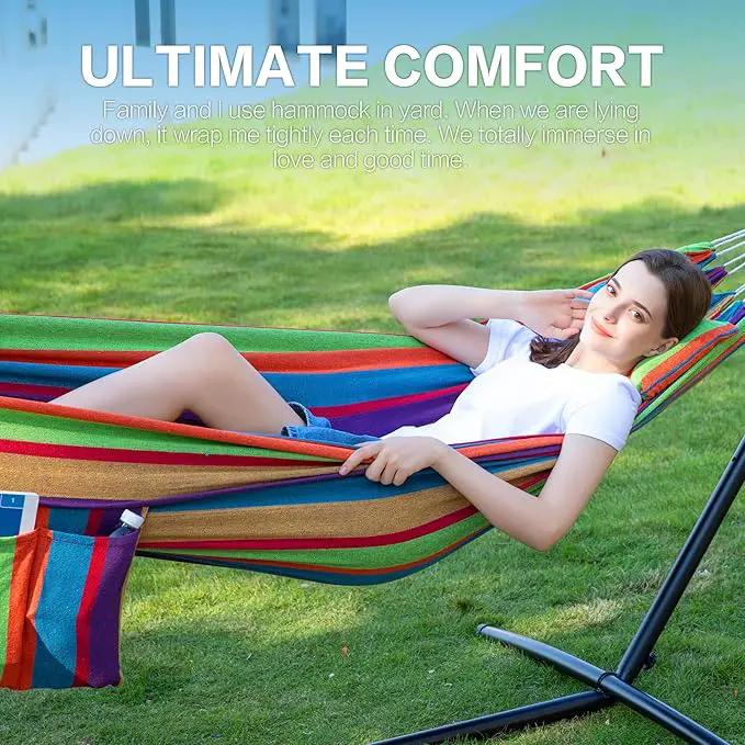 PNAEUT Double Hammocks with Stand for Outside, Portable Space Saving Heavy-Duty Steel Stand for Indoor Outdoor Patio with Carrying Bag, 450 lbs Capacity (Tropical) by GreenHaven Gardens