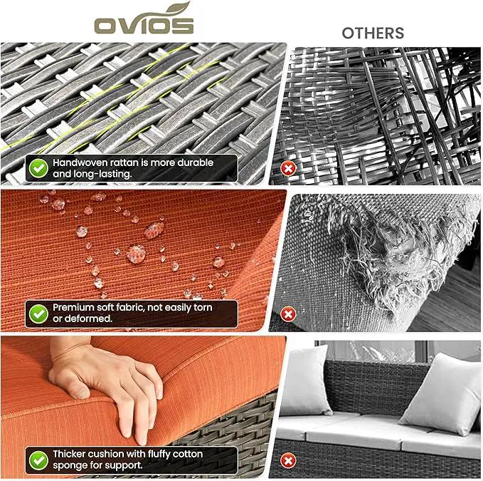 ovios 6 Pieces Patio Furniture Set with 42" Fire Pit Table, Outdoor Wicker Sofa with Ottomans, Comfy Cushions, High Back Couch Conversation Set, Brown Rattan, Orange Red by GreenHaven Gardens
