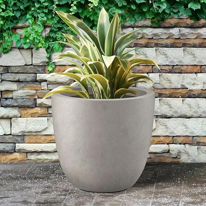 Kante 18 Inch Diameter Round Concrete Planter, Indoor Outdoor Large Plant Pot with Drainage Hole and Rubber Plug for Home Patio Garden, Buff Concrete by GreenHaven Gardens