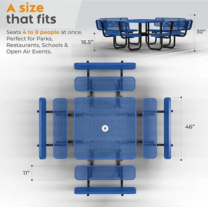 Metal Picnic Tables for Outdoors with Umbrella Hole - Coated Steel Heavy Duty Commercial Grade Table with Adjustable Seats (Blue, 46 in, Square with Back, Expanded Steel) by GreenHaven Gardens