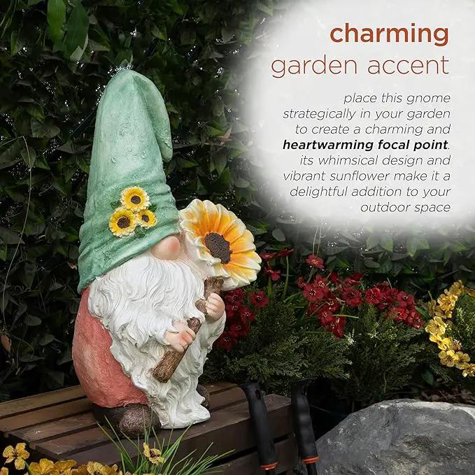 Alpine Corporation MCC842 Indoor/Outdoor Gnome Holding Sunflower Garden Statue, Charming Gnome Statue w/Hat, 21" H, Turquoise by GreenHaven Gardens