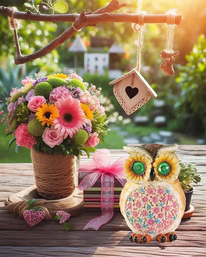 Hand-Painted Resin Owl Figurine with Glow-in-The-Dark Eyes, Solar-Powered Garden Decor 5.5'' Lawn Ornaments Statue Gardening Gifts for Outside Yard Art Patio (Owl) by GreenHaven Gardens
