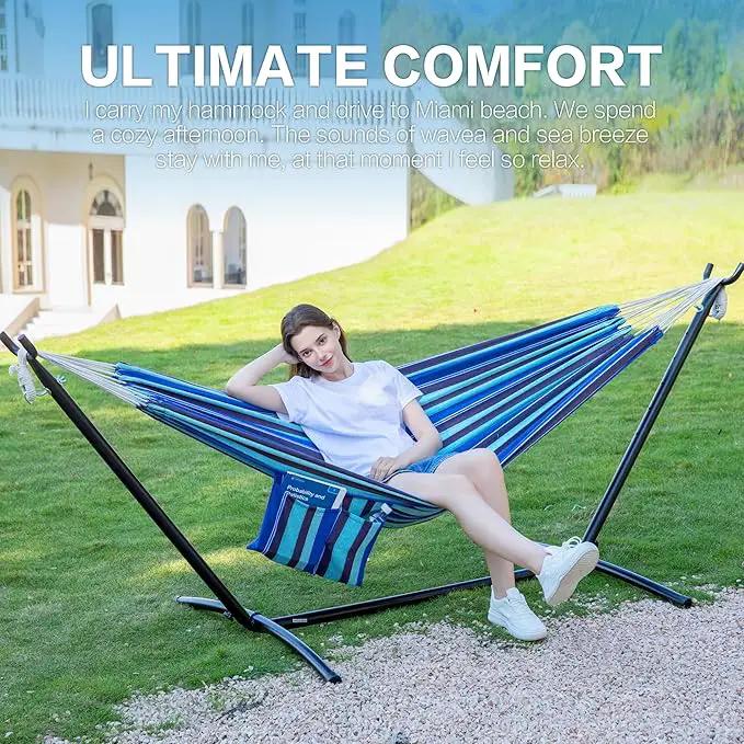 PNAEUT Double Hammocks with Stand for Outside, Portable Space Saving Heavy-Duty Steel Stand for Indoor Outdoor Patio with Carrying Bag, 450 lbs Capacity (Blue Lagoon) by GreenHaven Gardens