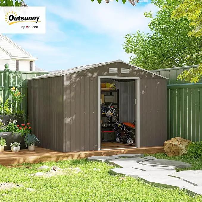 Outsunny 9' x 6' Outdoor Storage Shed, Garden Tool Metal Shed with Foundation Kit, Double Lockable Door, Air Vents and Sloping Roof, for Backyard, Patio, Lawn, Light Brown by GreenHaven Gardens
