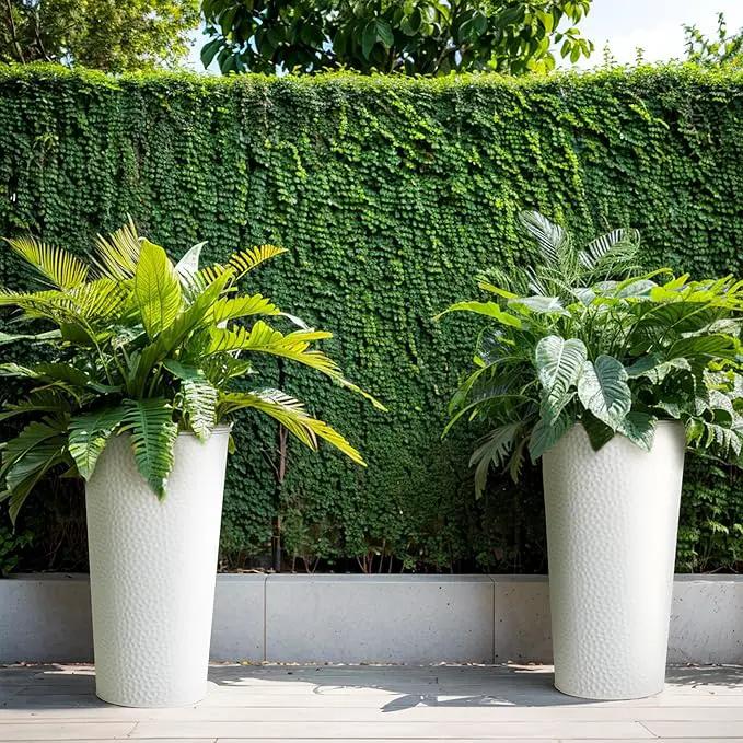 KOL 25" H. Metal Hand-Hammered Planters with Inner Pots 2-Pack, White Decor Planter for Deck, Patio, Porch - Galvanized Steel Handcrafted Flower Pot - w/Water Level Indicator - Indoor Outdoor Use by GreenHaven Gardens