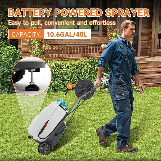 10.6 Gallon Battery Powered Sprayer with Double Professional Pump, Portable Sprayer with Wheels,0-94 PSI,12V 8Ah Battery,Adjustable HD Wand and 10 Nozzles for Weeding, Spraying, Cleaning by GreenHaven Gardens