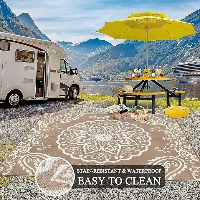 Pauwer Waterproof Outdoor Rug 10x14, Reversible Plastic Straw Patio Camping Rug, Indoor Outdoor RV Mat Carpet for Deck, Camper, Porch, Balcony, Backyard, Picnic, Boho Brown by GreenHaven Gardens