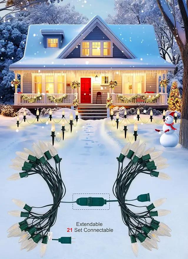 C9 Christmas Pathway Lights Outdoor, 25.7 Feet 20 LED C9 Strawberry Walkway Lights with Marker Stakes, Connectable Shatterproof C9 String Lights for Lane Outside Yard Decorations, Warm White, 2 Pack by GreenHaven Gardens