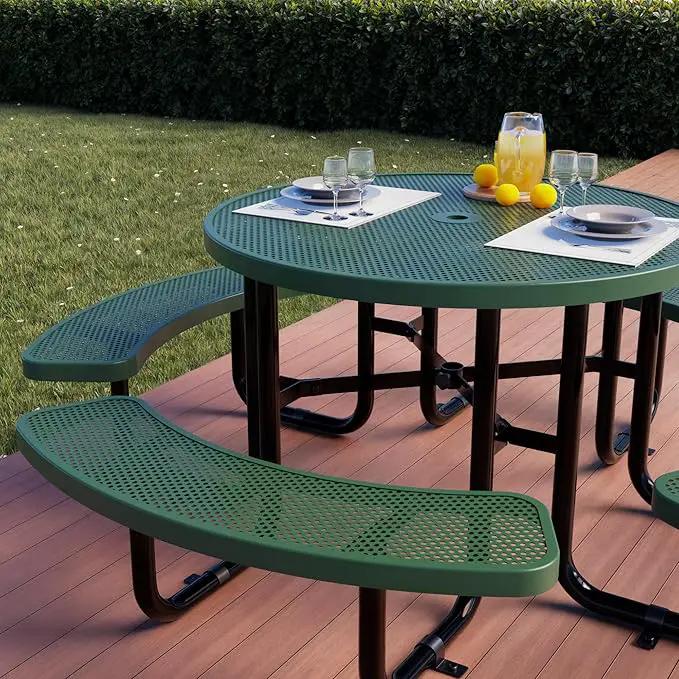 Metal Picnic Tables for Outdoors with Umbrella Hole - Coated Steel Heavy Duty Commercial Grade Table with Adjustable Seats (Green, 46 in, Round, Punched Steel) by GreenHaven Gardens