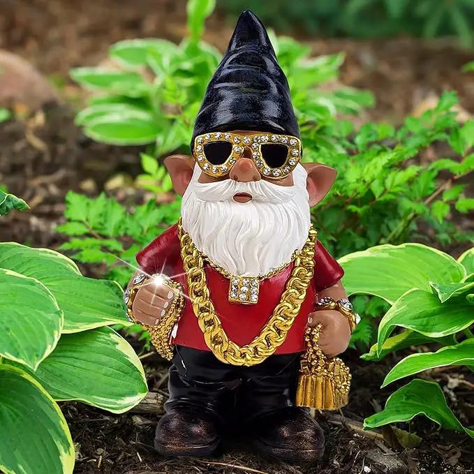 Better Office Products Garden Gnome Statue, 12" Height, Handcrafted Waterproof, UV-Resistant Polyresin Lawn Patio Porch Ornament Decoration (Bling Rapper with Solar Light) by GreenHaven Gardens