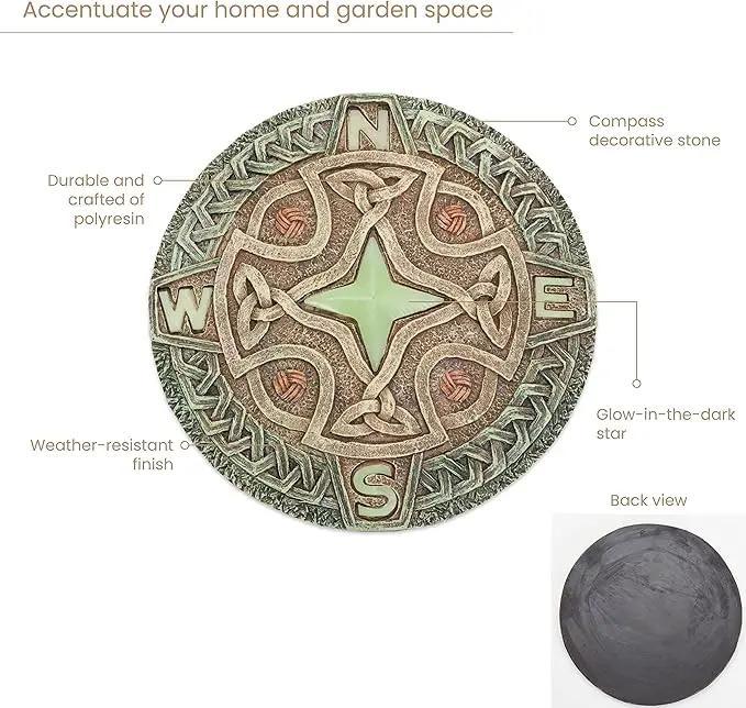Bits and Pieces - 10” (25.5 cm) Glow-in-The-Dark Celtic Compass Decorative Stone - Yard Decoration – Beautiful Lawn/Garden Stone by GreenHaven Gardens