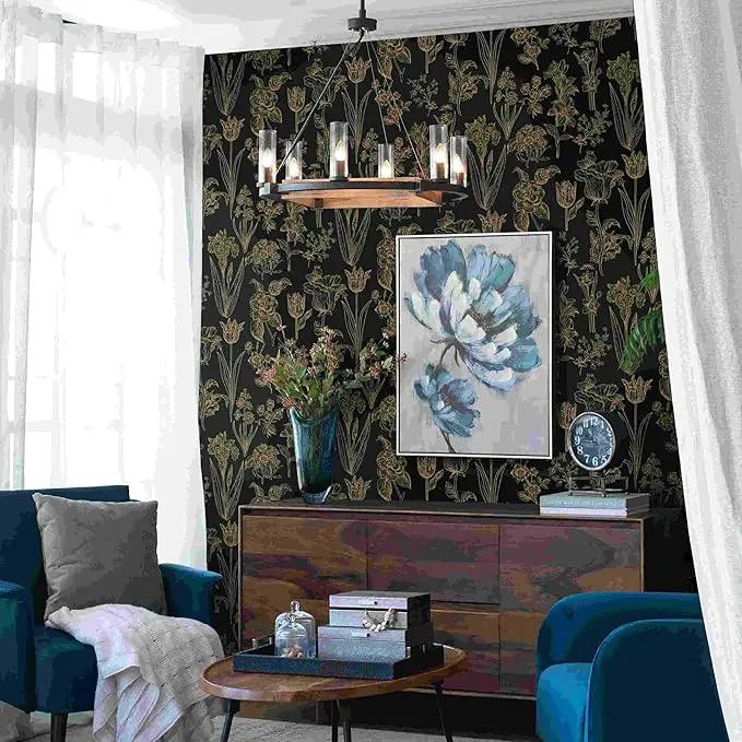 Dimoon 393"x17.3" Floral Wallpaper Peel and Stick Flowers Golden Black Contact Paper Thicken Waterproof Modern Self Adhesive Plants Wallpaper Removable Wall Paper Shelf Vinyl Roll by GreenHaven Gardens