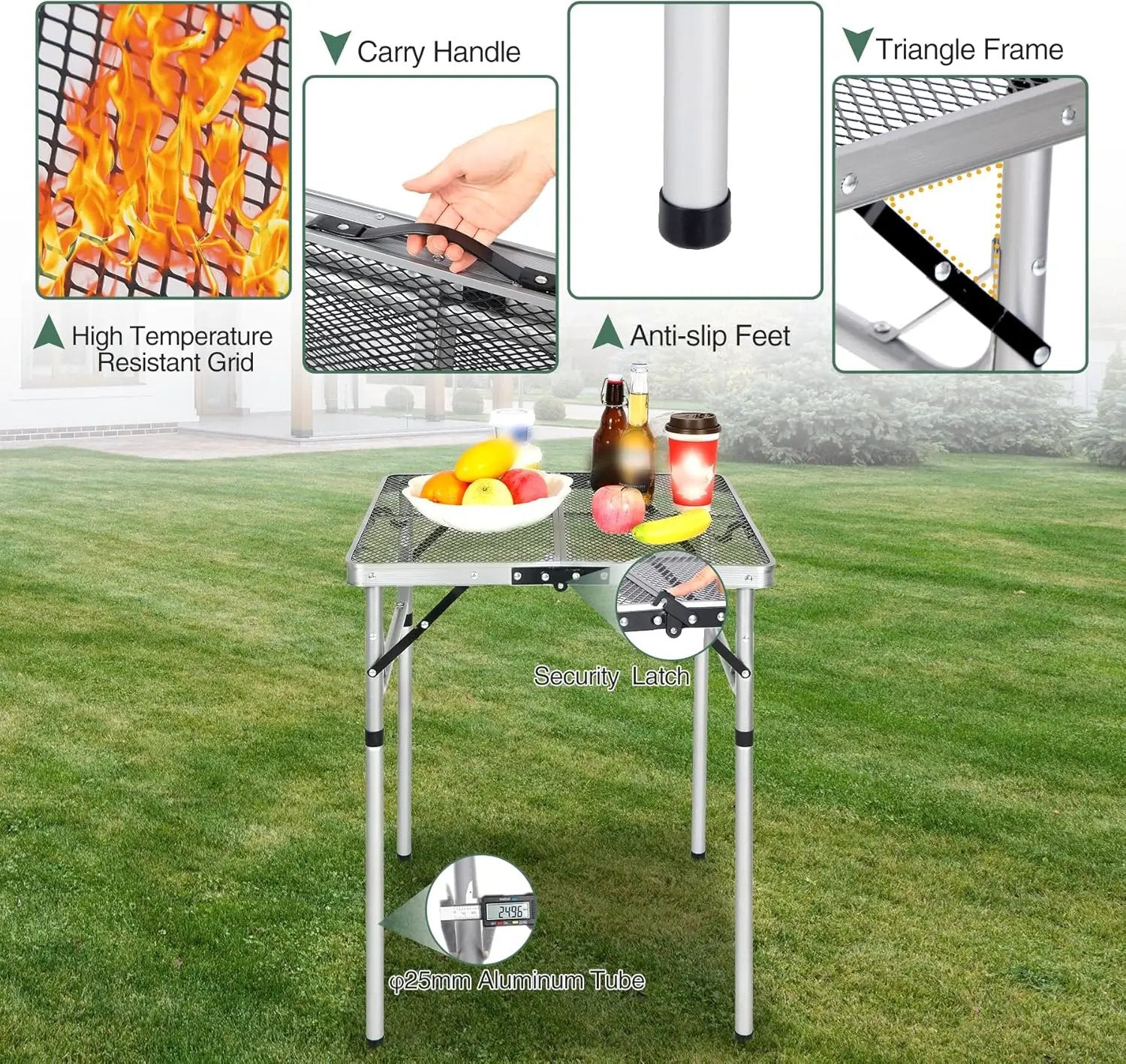 REDCAMP 24" Square Folding Grill Table for Outside, Lightweight Portable Metal Aluminum Outdoor Grill Table with Adjustable Height Legs, Great for Camping Picnic Cooking BBQ, Silver 2ft by GreenHaven Gardens