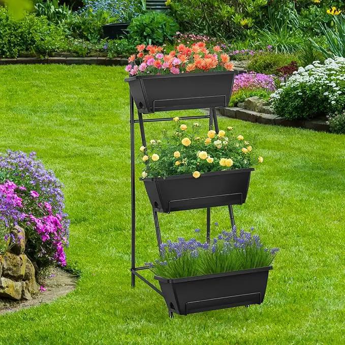 Vertical Raised Garden Bed 3 Tier Elevated Garden Planters Stand Up Garden Planter Box with Drainage Holes for Outdoor Indoor Plants Herbs Flowers Vegetables Black by GreenHaven Gardens