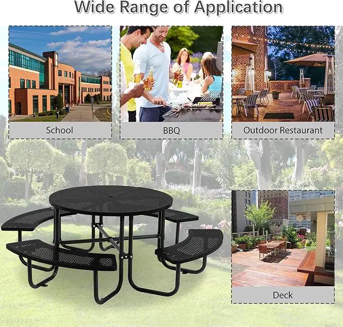 46'' Steel Round Picnic Table for Outdoors, Expanded, Lifetime Picnic Table with Umbrella Hole, Heavy Duty Sturdy Commercial Picnic Tables for Garden Courtyard BBQ, Black by GreenHaven Gardens