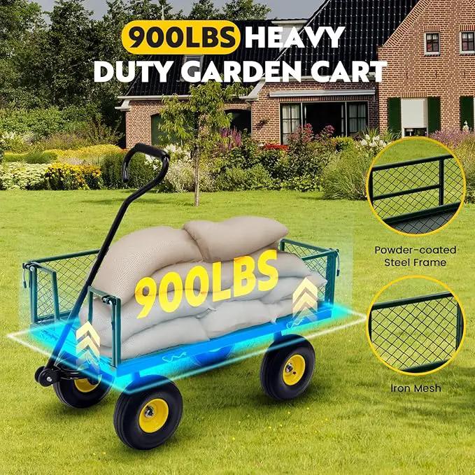 Steel Garden Cart, 2-in-1 Heavy Duty Utility Wagon 900 LBS Capacity Carts with Removable Mesh Sides to Convert into Flatbed, 240° U-Turn 10" Pneumatic Tires Garden Wagon for Lawn Camping Farm Yard by GreenHaven Gardens