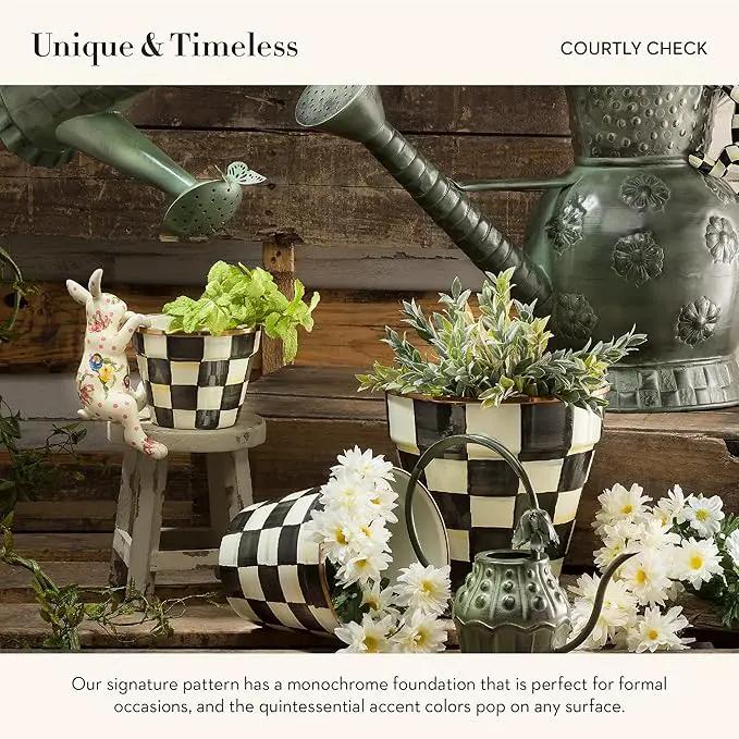 MACKENZIE-CHILDS Enamel Garden Pot, Planting Pot for Plants and Flowers, Small, Black-and-White Courtly Check by GreenHaven Gardens
