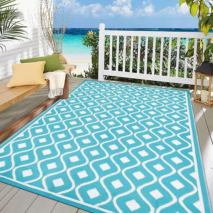 Pauwer Waterproof Outdoor Rug 8x10, Reversible Plastic Straw Patio Camping Rug, Indoor Outdoor RV Mat Carpet for Deck, Camper, Porch, Balcony, Backyard, Picnic, Geometric Teal by GreenHaven Gardens