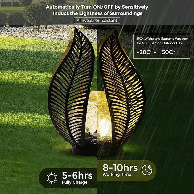 Solar Garden Lights Waterproof Decorations,Crackle Globe Glass,Metal Palm Leaf Solar Lights for Outdoor Decor On Garden,Patio,Yard,Front Porch,Tabletop Lamp-Perfect Gifts by GreenHaven Gardens