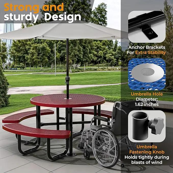 Metal Picnic Tables for Outdoors with Umbrella Hole - Coated Steel Heavy Duty Commercial Grade Table with Adjustable Seats (Red, 46 in, Round, Expanded Steel) by GreenHaven Gardens