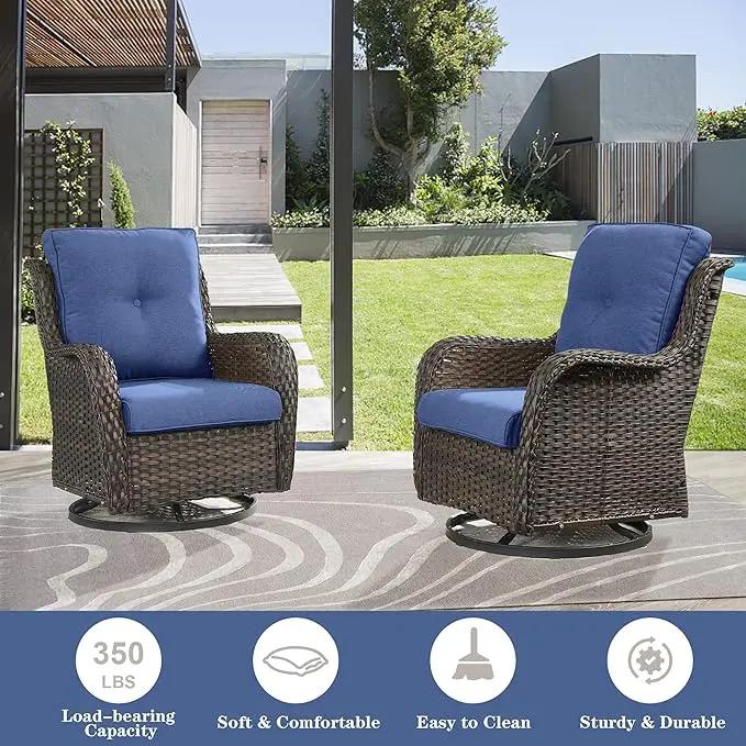 5 Piece Outdoor Patio Furniture Set - Wicker Furniture Patio Conversation Set, Outdoor Swivel Rocker Chairs with 3-Seater Sofa and 2 Ottomans for Small Space, Blue Cushion by GreenHaven Gardens