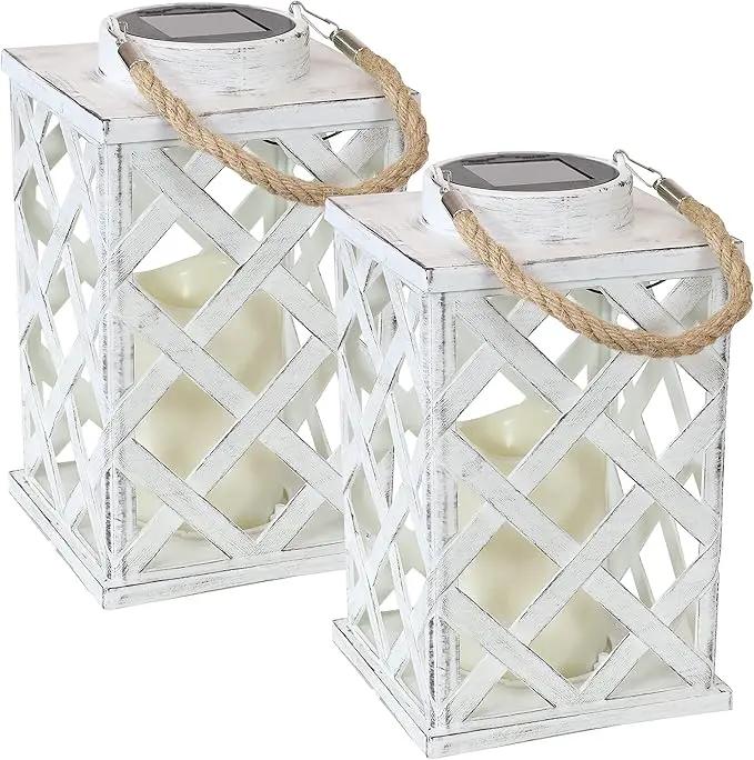 Sunnydaze Modern Crosshatch 9-Inch Solar LED Decorative Candle Lantern - Tabletop/Hanging Light - Set of 2 - White by GreenHaven Gardens