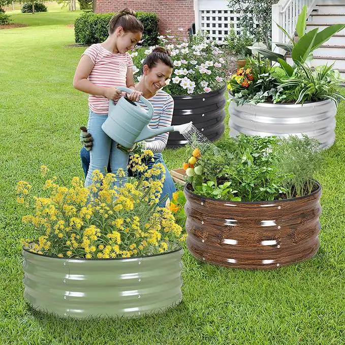 Galvanized Raised Garden Bed- 2Pcs 2x2x1FT Metal Planter Boxes Outdoor | Round Steel Raised Bed Kit & Fire Pit Ring for Gardening with Protective Tape, Gloves for Vegetables, Flower (Grey) by GreenHaven Gardens