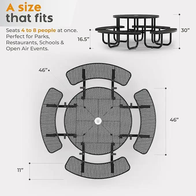 Metal Picnic Tables for Outdoors with Umbrella Hole - Coated Steel Heavy Duty Commercial Grade Table with Adjustable Seats (Black, 46 in, Round, Expanded Steel) by GreenHaven Gardens