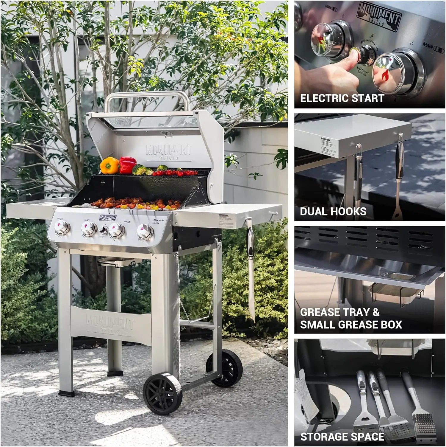 Monument Grills 4-Burner Liquid Propane Gas Grill, Silver Stainless Steel Grill Outdoor Patio Garden Barbecue Grill with Clearview® Lid and One Foldable Shelf, Mesa400MF by GreenHaven Gardens