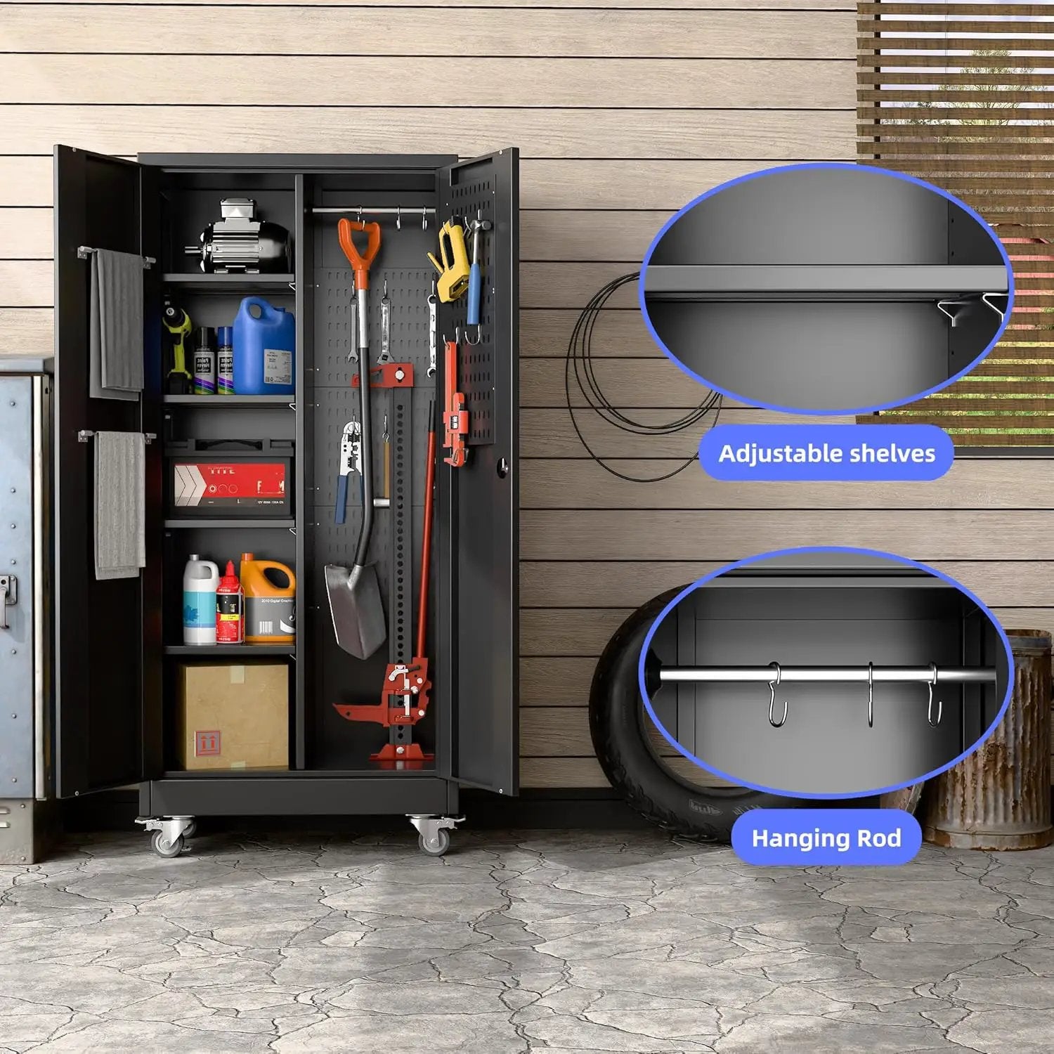 Garage Storage Cabinet with Wheels, 61.7" H Broom Closet Storage Cabinet with Hanging Rod, 5 Pegboard and 13 Hooks, Metal Cabinets with Locking Doors and 4 Shelves, Black by GreenHaven Gardens
