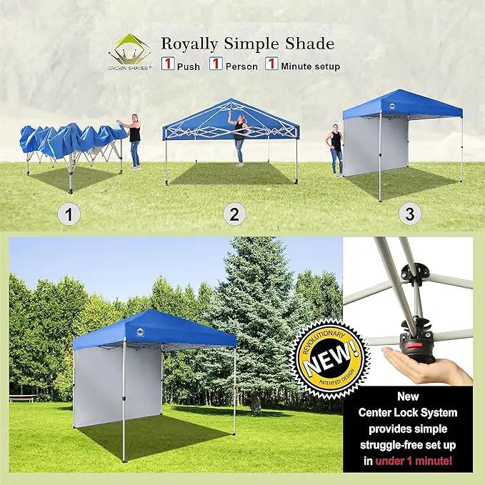 CROWN SHADES 8x8 Pop Up Canopy with 1 Side Wall - Beach Tent with One Push Setup - Outdoor Sun Shade for Events, Parties, Camping - Gazebo with STO-N-Go Cover Bag (Blue) by GreenHaven Gardens